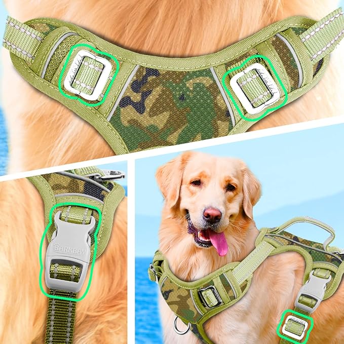 BARKBAY No Pull Dog Harness Large Reflective Dog Harness with Front Clip and Easy Control Handle for Walking Training Running with ID tag Pocket(Camo,XL)