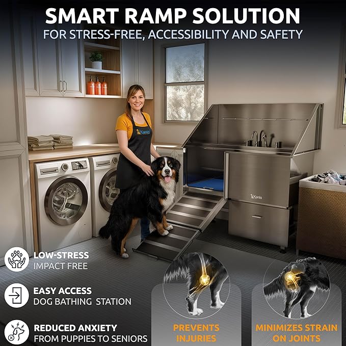 KANIS Professional Dog Washing Station - 304 Stainless Steel Pet Wash Sink & Grooming Bath Tub for Home with Ramp, Shower, Floor Grate, Storage Drawer, Faucet, Drain Kit for Large, Medium & Small Pets