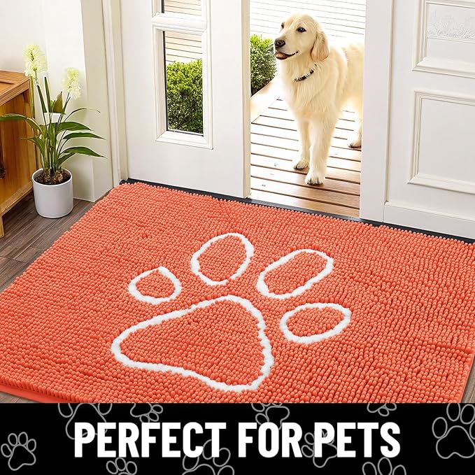 Smiry Dog Door Mat for Muddy Paws, Absorbent Dirt Trapper Non Slip Quick Dry Washable Chenille Mat for Mud Dogs, Entry Rug for Indoor and Outdoor (30x20 Inches, Coral)