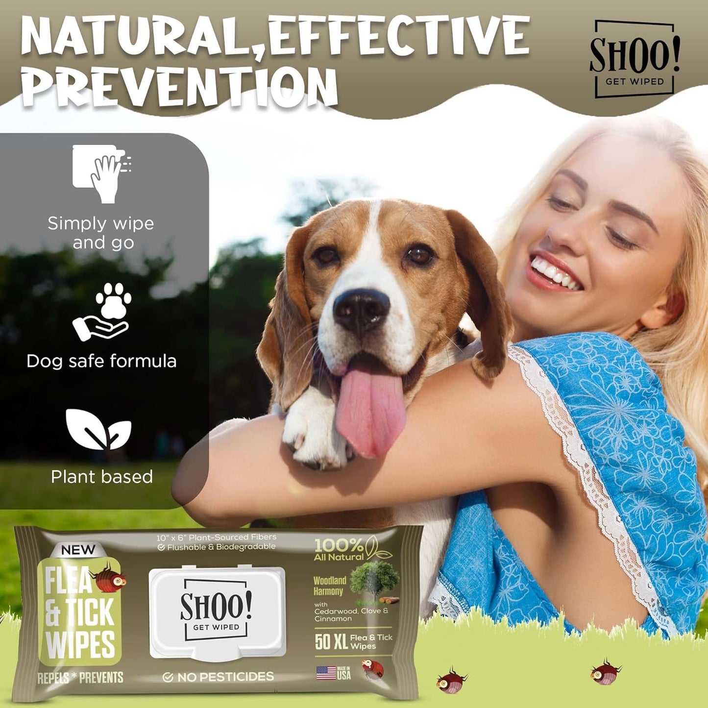 Shoo! Flea & Tick Wipes for Dogs | Convenient, Easy On-The-Go Protection | Plant Based, Natural Oils, Chemical Free | Repels & Prevents | 50 XL Wipes | (Woodland Harmony)