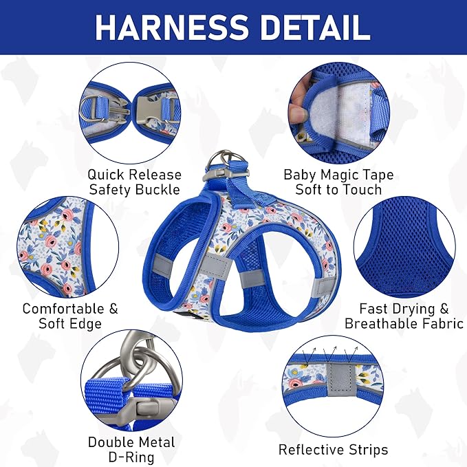 GAMUDA Small Dog Harness Collar and Leash Set, Step in No Chock No Pull Soft Mesh Adjustable Dog Vest Harnesses Plaid Reflective for Dogs Puppy Cats Kitten Rabbit (Blue Flower, L)
