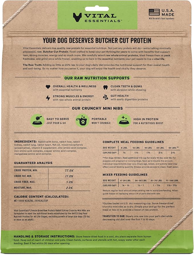 Vital Essentials Freeze-Dried Raw Rabbit Meal or Mixer Dog Food Crunchy Mini Nibs, 25 oz