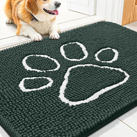 Smiry Dog Door Mat for Muddy Paws, Absorbent Dirt Trapper Non Slip Quick Dry Washable Chenille Mat for Mud Dogs, Entry Rug for Indoor and Outdoor (30x20 Inches, Green)