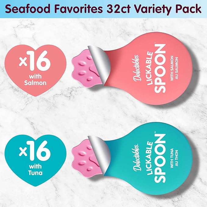 NEW! Delectables Lickable Spoon Handheld Wet Cat Treats Made with Real Salmon & Tuna, Creamy Puree, Mess Free, Quick & Easy, Grain-Free, No Added Fillers, No Added Preservatives, Variety Pack, 32ct