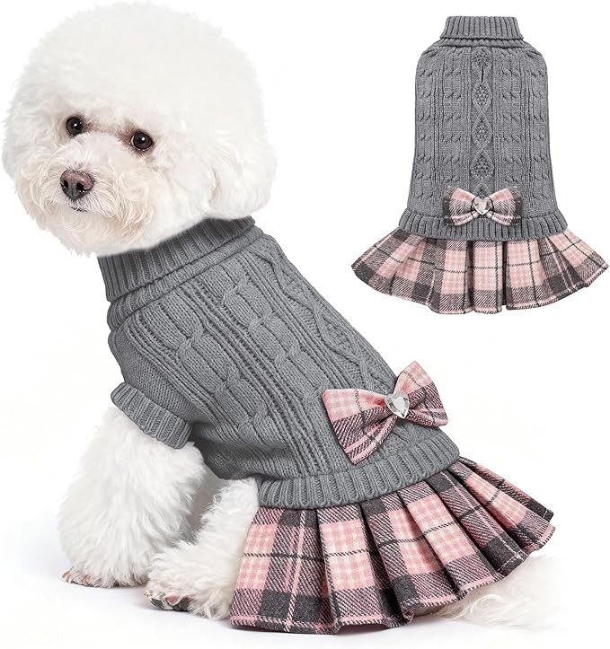 WOYYHO Girl Dog Sweater Dress with Bowtie Turtleneck Small Dogs Sweater with Leash Hole, Knitted Small Dog Sweaters Dress Puppy Winter Clothes for Yorkies Chihuahua (Large, Gray)