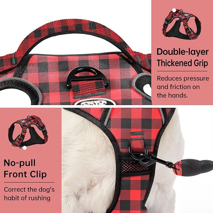 IVY&LANE No Pull Dog Harness with Leash Set, Reflective No Choke Pet Vest,Adjustable Oxford Dog Vest Harness with Easy Control Handle for Medium Lagre Dogs (Checkered Red,M)
