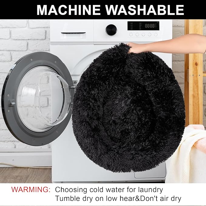 Dog Calming Beds for Small Medium Large Dogs - Round Donut Washable Puppy Dog Bed, Anti-Slip Faux Fur Fluffy Donut Cuddle Anxiety Cat Pet Bed(16'' Black)