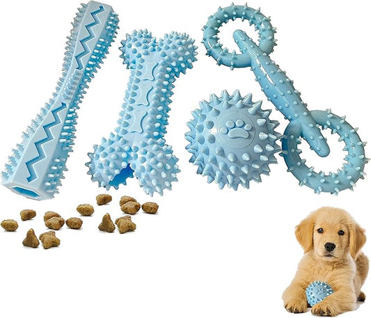 4 Pack Puppy Teething Toys 0-6 Months Dog Chew Toy Cute Rubber Bone,Teeth Clean Ball,Interactive Donut,Treat Dumbbell for Small Dogs(Blue)