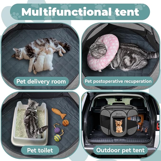 Dog Cat Playpen Indoor Outdoor for Puppy Pet Dogs Cat Recovery After Surgery, Dog Tent Crates Cage Indoor/Outdoor, Portable Pop Up Kennel with Carrying Case for Travel (Premium Grey with Pad, Small)