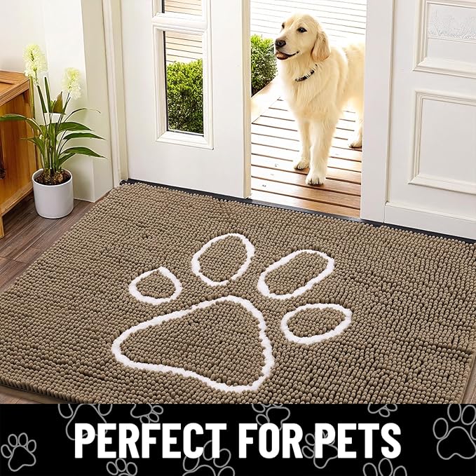 Smiry Dog Door Mat for Muddy Paws, Absorbent Dirt Trapper Non Slip Quick Dry Washable Chenille Mat for Mud Dogs, Entry Rug for Indoor and Outdoor (47x24 Inches, Camel)