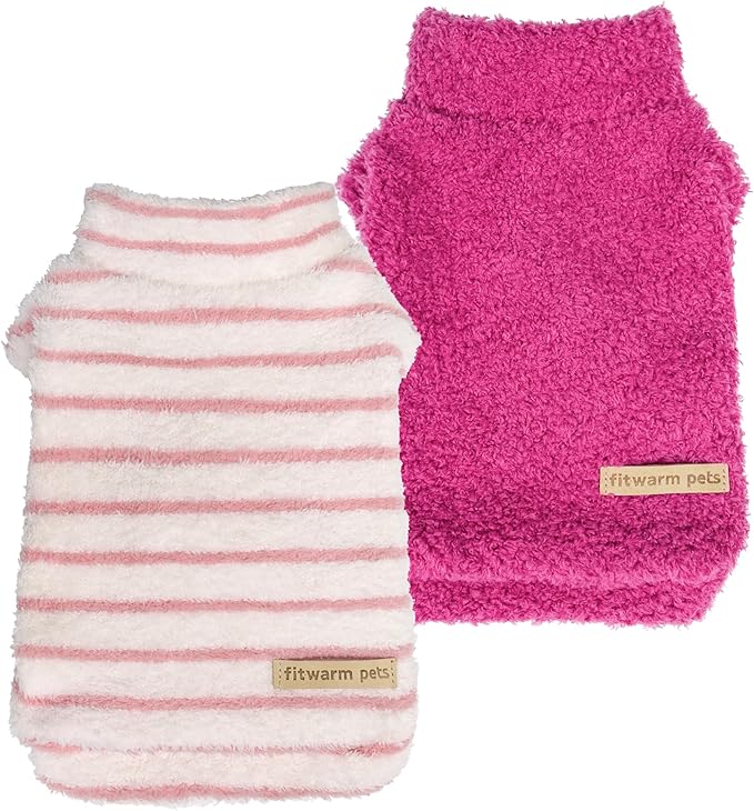 Fitwarm 2 Pack Striped Fleece Dog Sweater, Warm Winter Dog Clothes for Small Dogs Girl, Fuzzy Turtleneck Pet Outfit, Doggy Pullover Jumper, Rose Pink, White, Light Pink, XL