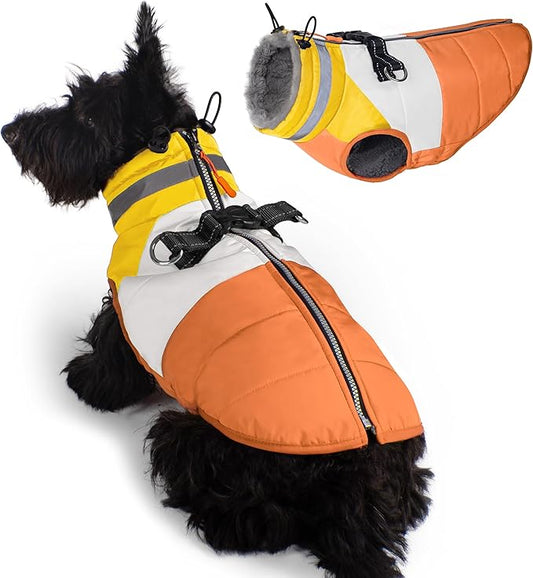 azuza Dog Jacket for Small Dogs Waterproof Dog Coat with Reflective Strips and Harness Built in Warm Fleece Dogs Winter Coat Windproof with Back Zipper, Orange L