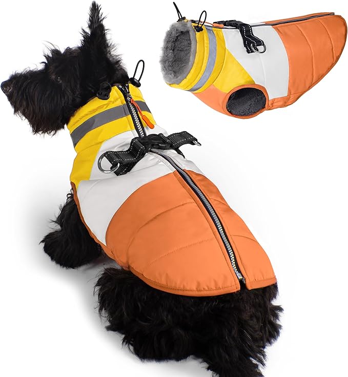 azuza Dog Jacket for Medium Dogs Waterproof Dog Coat with Reflective Strips and Harness Built in Warm Fleece Dogs Winter Coat Windproof with Back Zipper, Orange XL