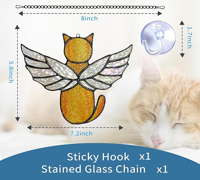 Angel Rainbow Wing Memorial Gifts - Stained Glass Cat Suncatcher, Loss of Cat Sympathy Gift (Orange)