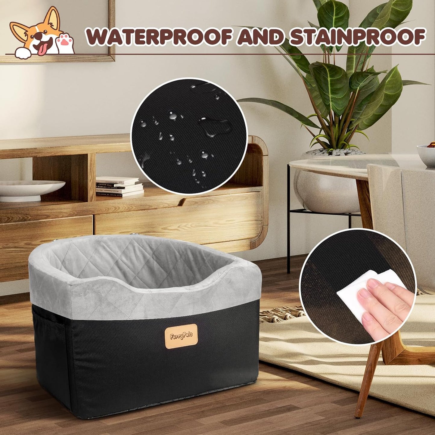 Dog Car Seat for Small/Medium Dogs, Memory Foam Dog Booster Seat with Washable Removable Cover, Storage Pockets and Thick Cushion, Black Part is Waterproof and Abrasion-Resistant