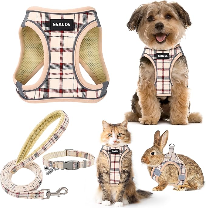 GAMUDA Small Dog Harness Collar and Leash Set, Step in No Chock No Pull Soft Mesh Adjustable Dog Vest Harnesses Plaid Reflective for Dogs Puppy Cats Kitten Rabbit (Beige, XS)