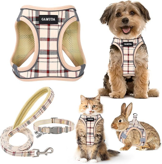 GAMUDA Small Dog Harness Collar and Leash Set, Step in No Chock No Pull Soft Mesh Adjustable Dog Vest Harnesses Plaid Reflective for Dogs Puppy Cats Kitten Rabbit (Beige, XS)