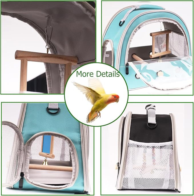 Parrot Travel Cage with Bird Cage Bells Mirror Set,Portable Small Bird Parakeet Bag with Standing Perch and Comfy Mat Bird Carry Transport Bag with Clear Window Vet Visit Shopping