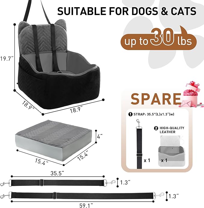 Dog Car Seat for Small Medium Dog Bed with Waterproof Cover Pet Car Booster Seat with Memory Foam for Travel, Grey, 2 Safety Belt