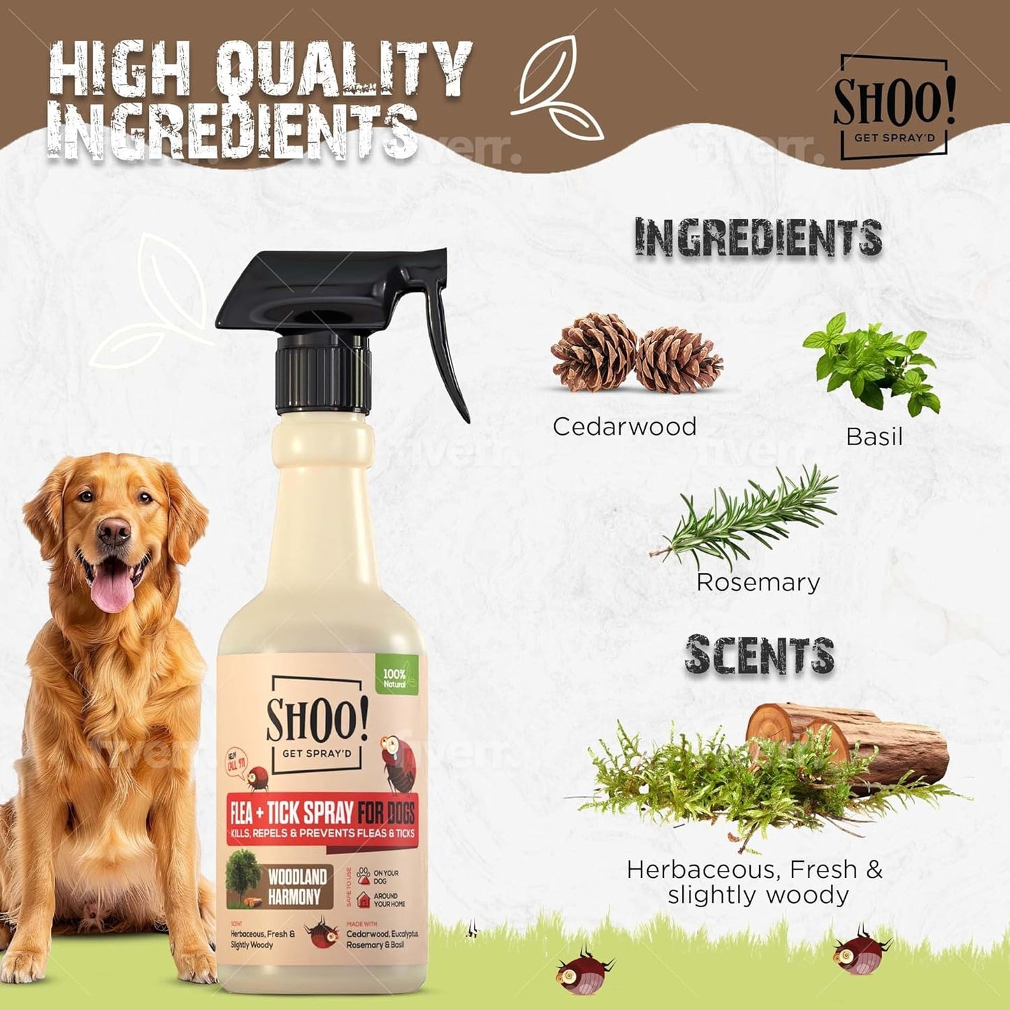 Shoo! Flea & Tick Spray for Dogs and Home | Plant Based, Natural Oils, Chemical Free Formula | Kills, Repels, Prevents | 16 oz (Woodland Harmony)