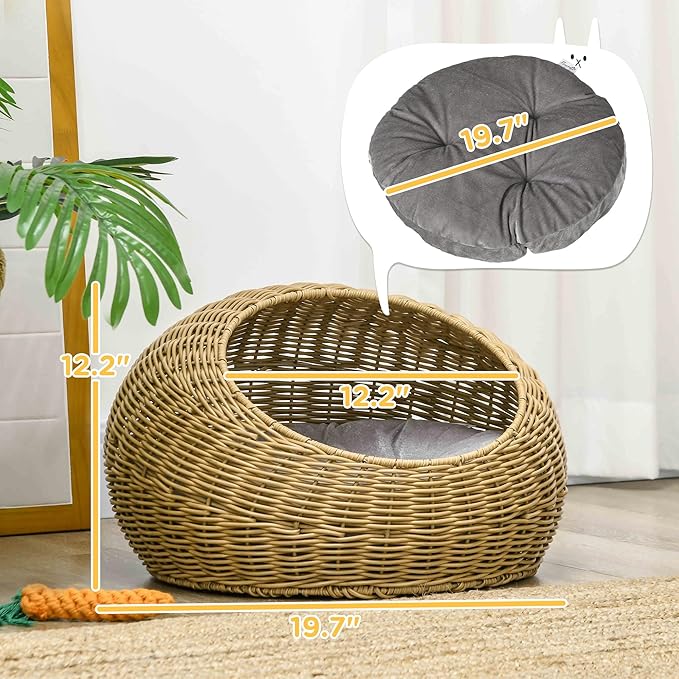 PawHut Rattan Cat Bed, Wicker Cat House Basket with Washable Cushion for Small Indoor Cats and Dogs, Light Brown