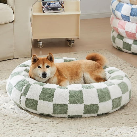 Checkered Dog Bed, Cute Sage Green Retro Style Aesthetic Round Warming Pet Calming Beds for Small Dog and Cats, Plush Cozy Donut Washable, 30" L x 30" W x 8" Th