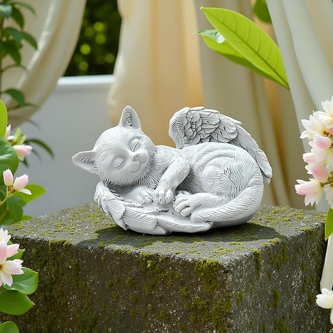 Small Cat Memorial Stone Commemorates Our Lost Fur Baby,Peaceful Sleeping Angel Statue for Garden,Indoor,Pet Grave Markers,and Loss of Cat Sympathy Gift (White, Small)