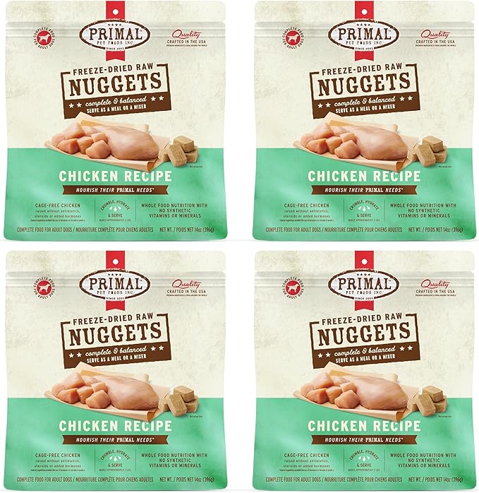 Primal Freeze Dried Dog Food Nuggets, Chicken, Complete & Balanced Meal, Also Use as Topper or Treat, Premium, Healthy, Grain Free, High Protein Raw Dog Food, 14 oz (Pack of 4)