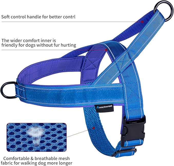 Annchwool No Pull Dog Harness with Soft Padded Handle,Reflective Strip Escape Proof and Quick Fit to Adjust Dog Harness,Easy for Training Walking for Small & Medium and Large Dogs(Blue,M)