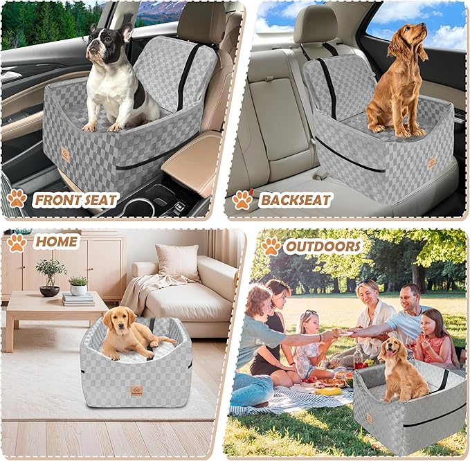 Dog Car Seat for Small and Medium Dogs Up to 35 lbs –Memory Foam Dog Booster Seat with Safety Leash & Storage Pockets, Fits Front & Back Car Seats, Removable Washable Cover – Gray