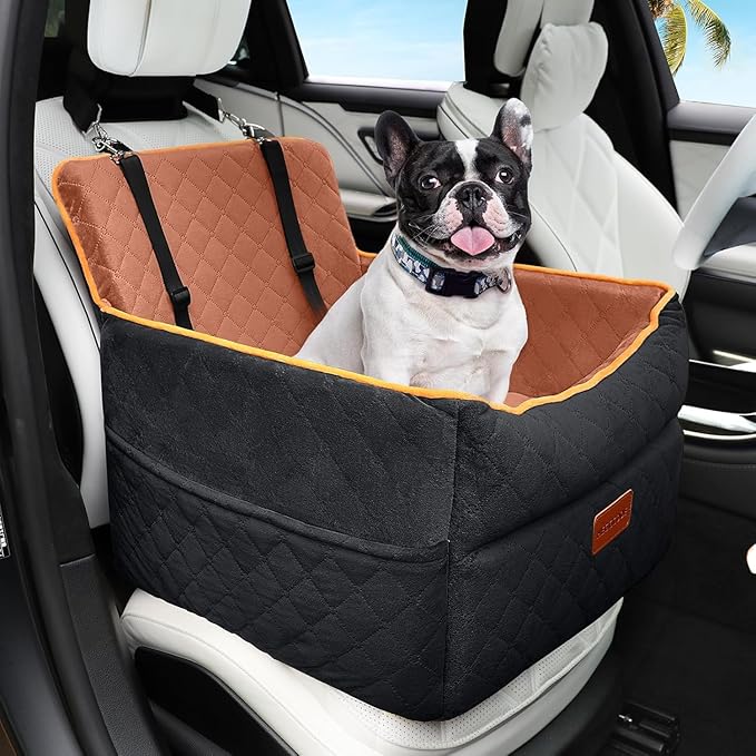 Small Dog Car Seat, Memory Foam Dog Booster Seats with Thick Cushion for Medium Dogs Under 35lbs, Detachable Washable Pet Car Seat Travel Bed with Storage Pockets,2 Safety Belts