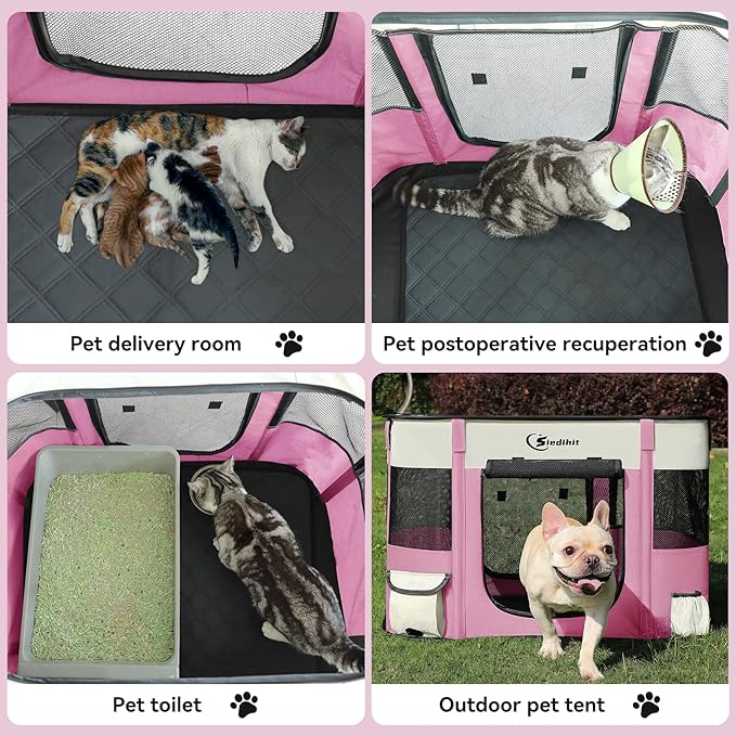 Dog Cat Playpen, Pet Puppy Portable Playpens for Outdoor Travel Crate, Indoor After Surgery Use, Foldable Dog Kennel Tent for Rabbit or Small Animals and Tent Stakes(Pink, Medium)