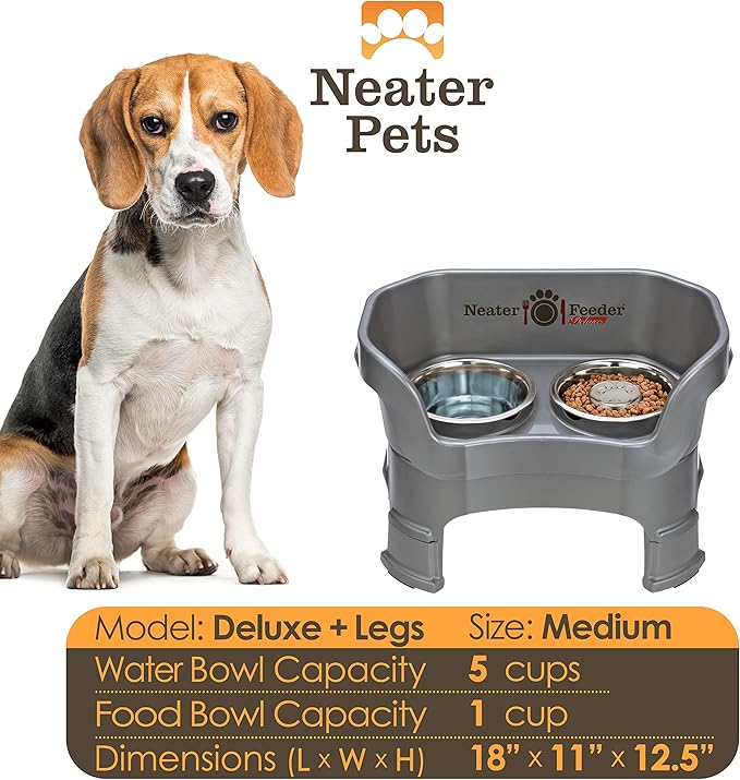 Neater Feeder Deluxe Mess Proof Dog Bowls Elevated for Medium Sized Breeds – Made in USA – No Spill Raised Slow Feeder Elevated Dog Bowl Stand w/Leg Extensions, Food and Water Bowl Set, Grey