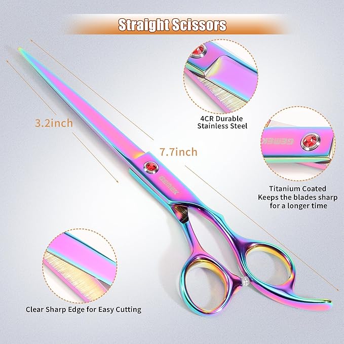 7.0in Titanium Rainbow Professional Pet Grooming Scissors Set, GEMEK 6 in 1 Straight & Thinning & Upwards Curved & Downwards Curved Scissors & Comb for Dogs, Cats (Rainbow)