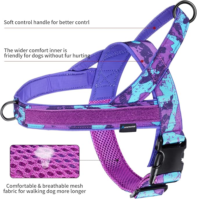 Annchwool No Pull Dog Harness with Soft Padded Handle,Escape Proof and Quick Fit to Adjust Dog Harness,Easy for Training Walking for Small & Medium and Large Dogs(Camo Purple,XL)
