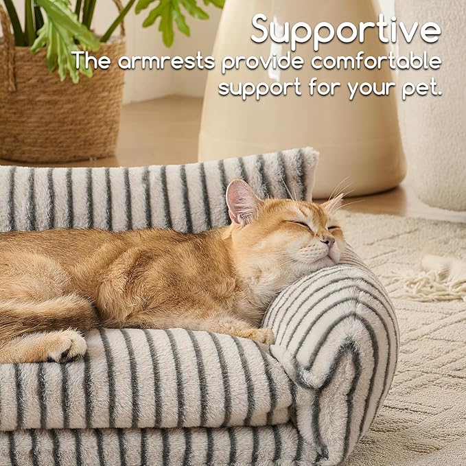 Hollypet Cat Bed Fluffy Plush Mutifuctional Double-Layer Soft Pet Couch Orthopedic Sofa Nest Beds for Small Cats and Dogs, Dark Gray Stripes (21x15x8 inch)