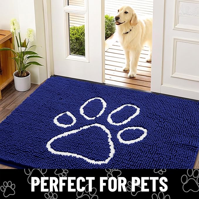 Smiry Dog Door Mat for Muddy Paws, Absorbent Dirt Trapper Non Slip Quick Dry Washable Chenille Mat for Mud Dogs, Entry Rug for Indoor and Outdoor (71x46 Inches,Navy Blue)
