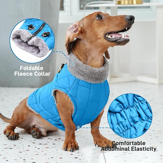 Warm Fleece Dog Coats with Durable Harness Buitl in D-Ring,Waterproof Doggie Jacket for Medium Dogs,Dog Vest for Cold Winter,Light Blue XL