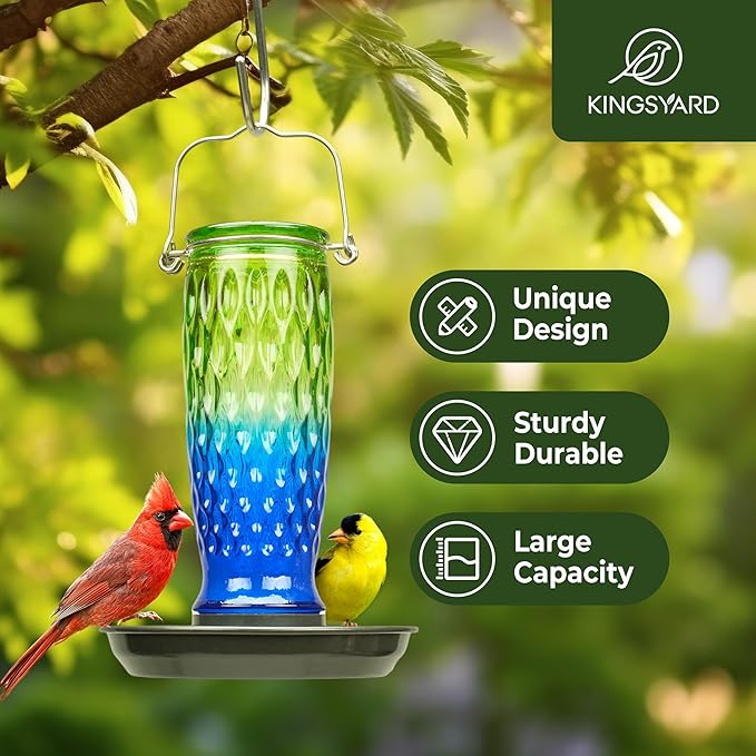Kingsyard Bird Water Feeder for Outside, 24 Ounce, Glass Bird Water Dispenser with Metal Hanging for Garden Yard Outside Decoration, Green & Blue