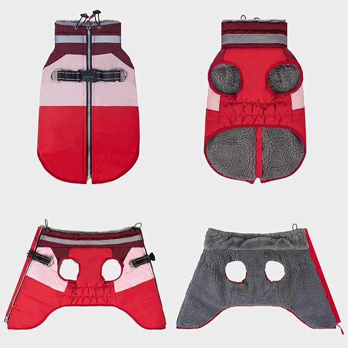 azuza Dog Jacket for Small Dogs Waterproof Dog Coat with Reflective Strips and Harness Built in Warm Fleece Dogs Winter Coat Windproof with Back Zipper, Red L