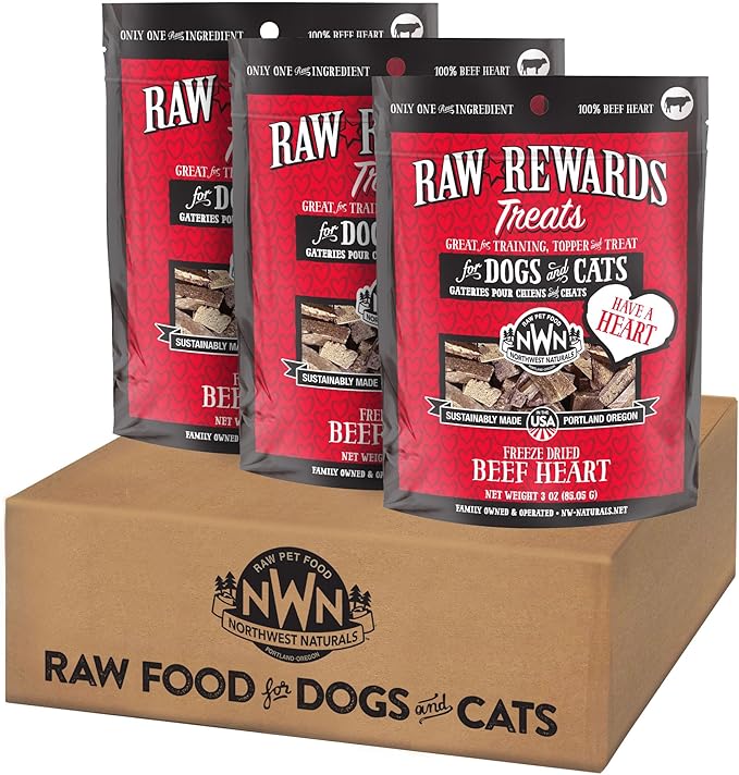 Northwest Naturals Raw Rewards Freeze-Dried Beef Heart Treats for Dogs and Cats - Bite-Sized Pieces - Healthy, 1 Ingredient, Human Grade Ingredients, All Natural, Proudly Made in USA, 3 Oz (Pack of 3)