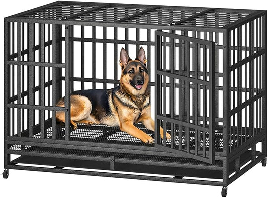 48 Inch Heavy Duty Indestructible Dog Crate Steel Escape Proof, Indoor Double Door High Anxiety Cage, Kennel with Wheels, Removable Tray, Extra Large XL XXL