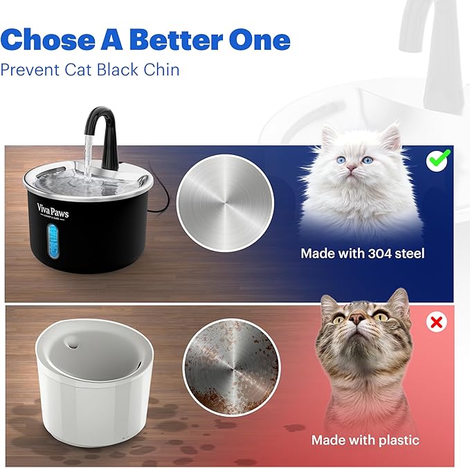 Cat Water Fountain Stainless Steel, Viva Paws 2.2L Automatic Drinking Fountain for Cats, Ultra Quiet Pet Fountain with 4 Stage Filtration System, Easy to Clean Indoor Cat Supplies