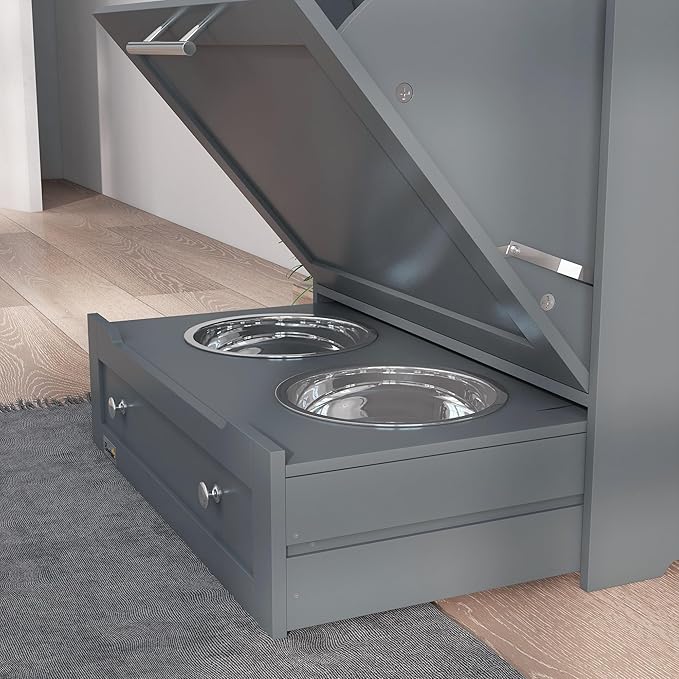 PawHut Dog Feeding Station, Dog Food Storage Pet Feeder Cabinet Container with Raised Bowls and Hanger for Feeding & Watering Supplies, Gray