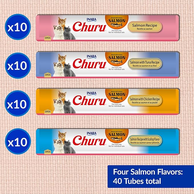 INABA Salmon Churu Cat Treats, Lickable, Squeezable Creamy Purée Cat Treat with Green Tea Extract & Taurine, 0.5 Ounces Each Tube, 40 Tubes, Salmon Variety Box