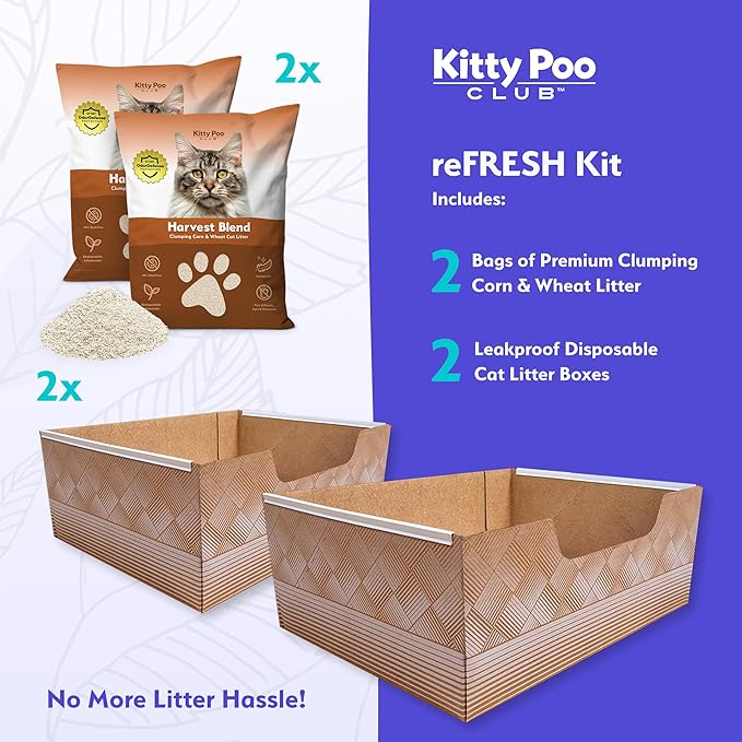 Kitty Poo Club Leakproof Disposable 2-Pack Cat Litter Box with 2 Bags Corn & Wheat Litter | Superior Odor Control & Recyclable Design | Perfect for Travel, Multi-Cat Homes & Daily Use