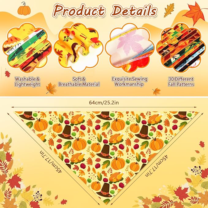30 Pcs Fall Dog Bandanas Bulk Adjustable Dog Scarves Pumpkin Turkey Puppy Bandanas Autumn Pet Neckerchief Washable Thanksgiving Holiday Bandana for Small Medium Large Dog Pet Grooming Accessories