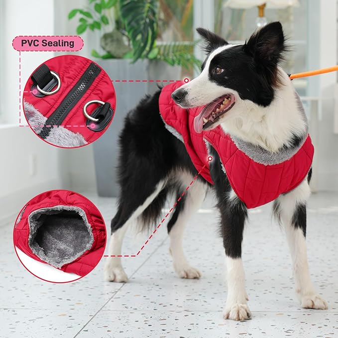 Warm Fleece Dog Coats with Durable Harness Buitl in D-Ring,Waterproof Puppy Jacket for Small Dogs,Dog Vest for Cold Winter,Red XS