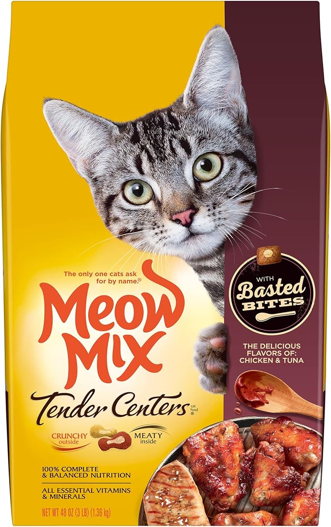 Meow Mix Tender Centers Basted Bites Dry Cat Food, Chicken & Tuna Flavor, 3 Pound (Pack of 4) + Tender Favorites Wet Cat Food Surf 'N Turf Variety Pack, 2.75 Ounce (Pack of 48) Bundle