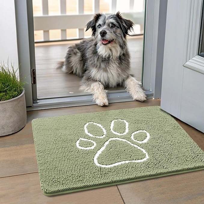 Smiry Dog Door Mat for Muddy Paws, Absorbent Dirt Trapper Non Slip Quick Dry Washable Chenille Mat for Mud Dogs, Entry Rug for Indoor and Outdoor (24x16 Inches, Sage Green)
